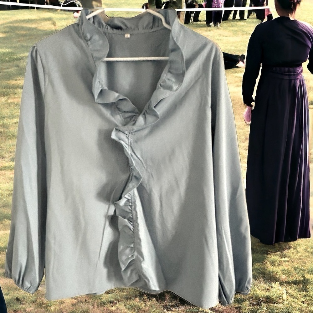Amish Made Women's Modest Ruffled Baby Blue XL Long Sleeve Polyester Blouse NEW!